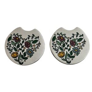 Handcrafted Floral Heart Car Coaster Set of 2 Neoprene Botanical‎ Auto Decor